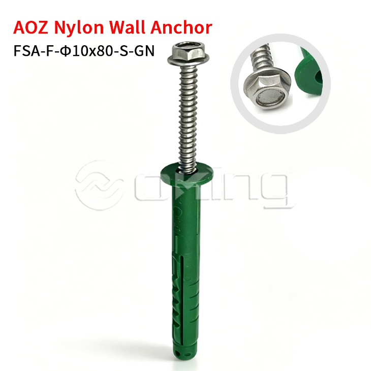 AOZ rozsdamentes acél M10x80 karimás csavar zöld nylon fali dübel függönyfalra és külső beszereléshez