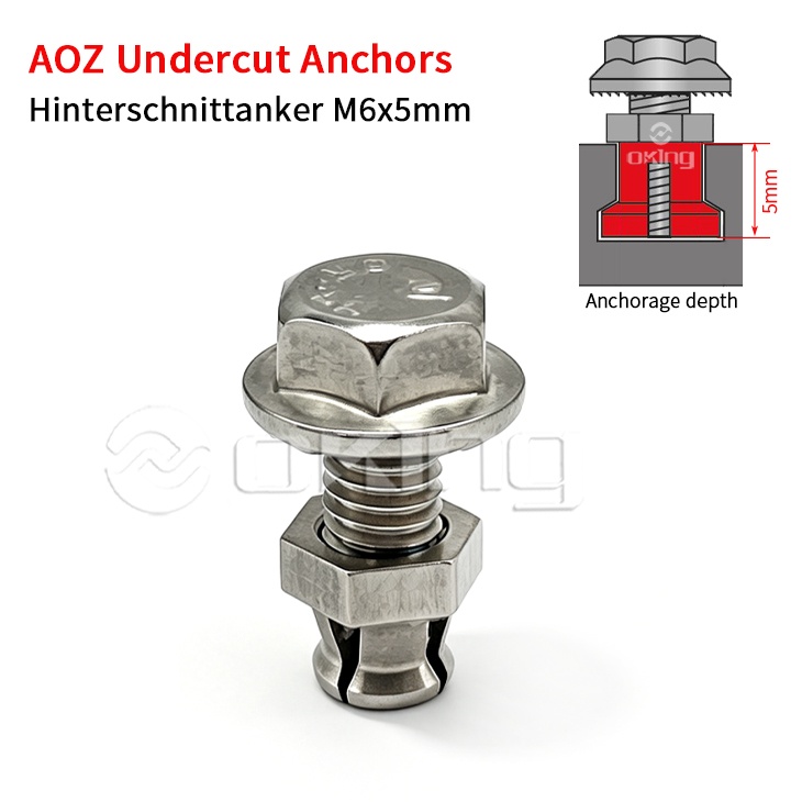 AOZ rozsdamentes acél M6x5mm alámetszett horgonyok, Hinterschnittanker alámetszett rögzítőrendszerekhez